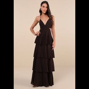 Tier and Now Dark Brown Tie-Back Tiered Maxi Dress